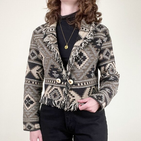 Vintage Cropped Fringe Coastal Cowgirl Oversized Blazer Jacket Coat Boho Western - Picture 8 of 8